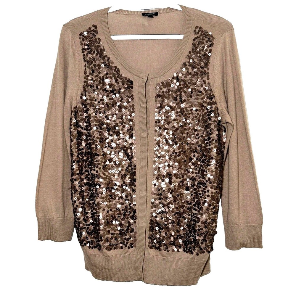 Talbots Women’s M Taupe Brown Sequin Front Cardigan Cotton Rayon Sweater Snap